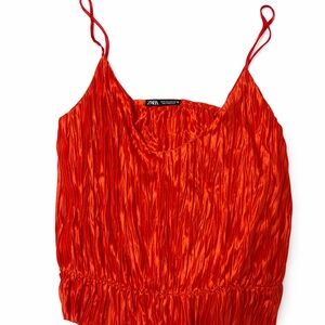 Zara Orange-Red Crinkle Satin Cami Top